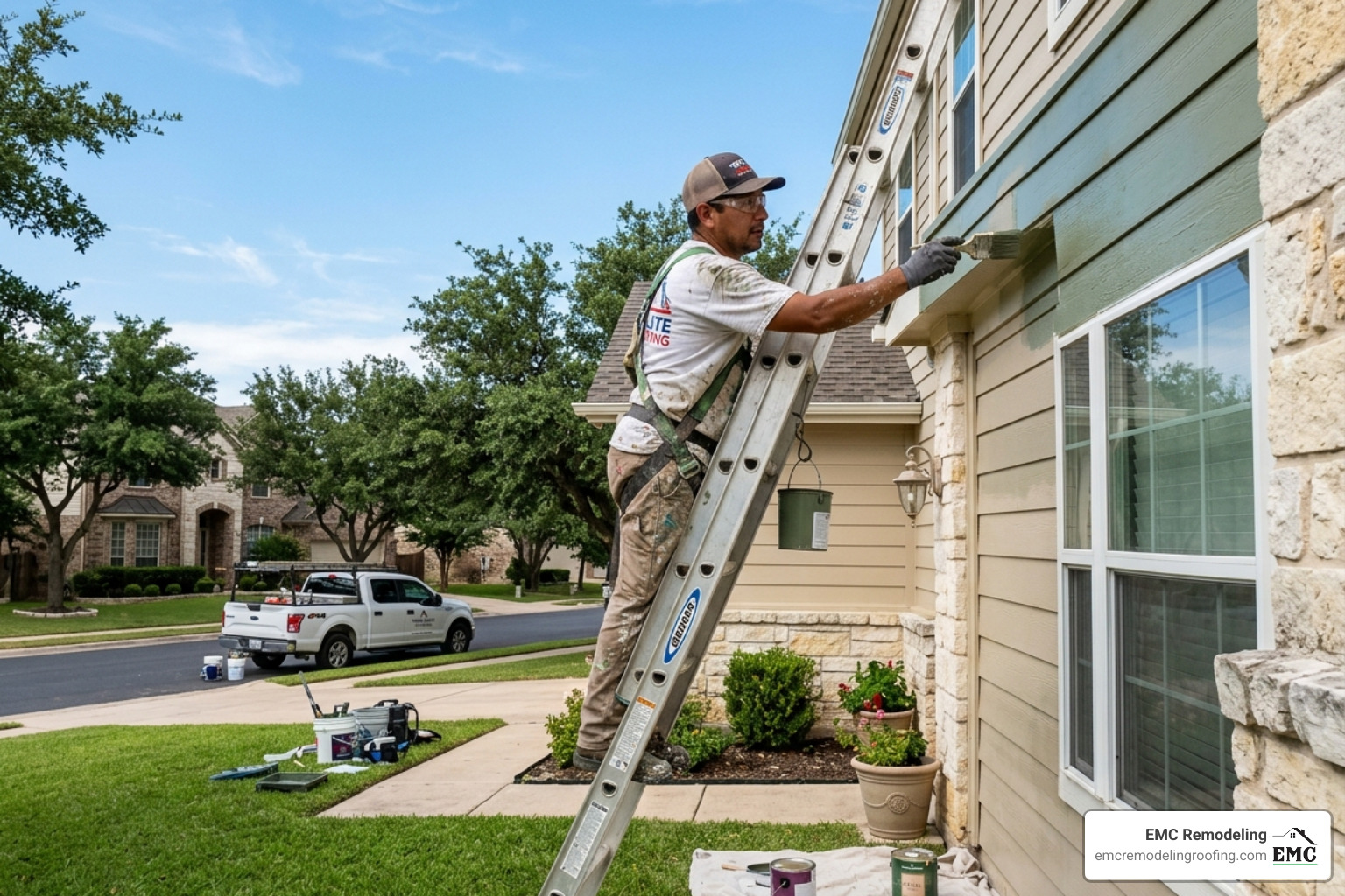 Professional painter applying a fresh coat of high-quality paint to a Temple home exterior - exterior painting Temple Professional painter applying a fresh coat of high-quality paint to a Temple home exterior - exterior painting Temple