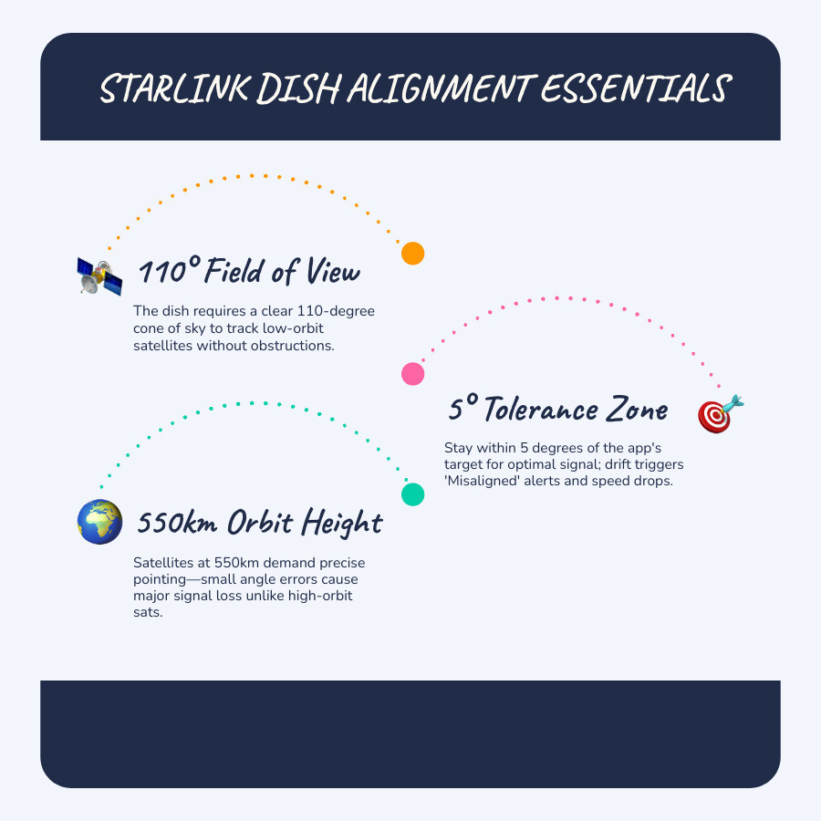 Infographic showing Starlink 110-degree field of view satellite tracking alignment steps and 5-degree tolerance zone - how