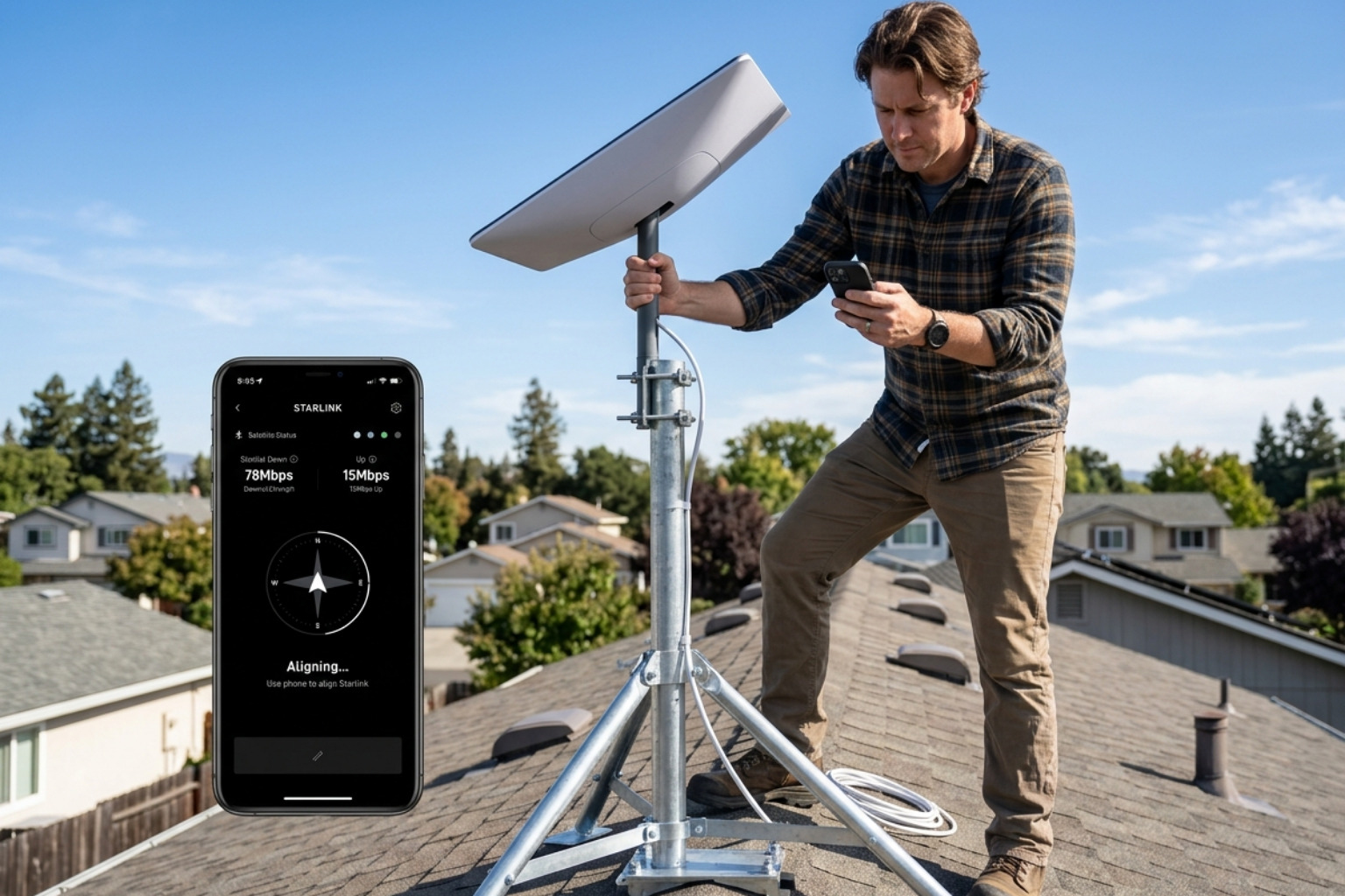 User rotating a Starlink Gen 3 Standard dish into the correct alignment position while checking their phone - how to align