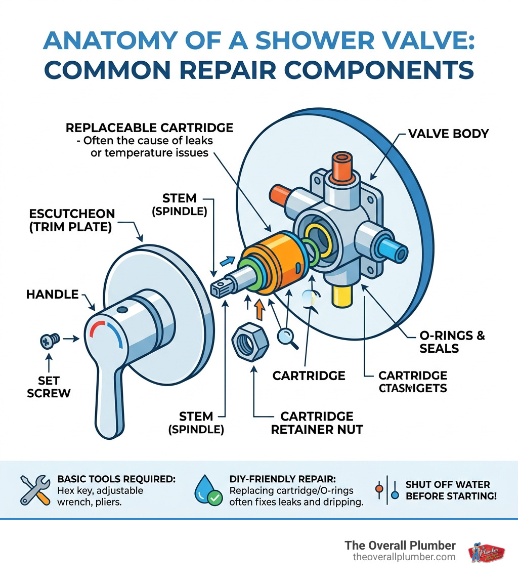 Anatomy of a shower valve infographic showing cartridge, O-rings, stem, and handle components - shower faucet repair