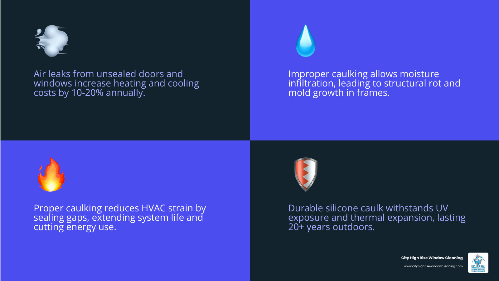 Infographic showing how proper door and window caulking reduces HVAC strain and prevents structural rot - door and window caulking Infographic showing how proper door and window caulking reduces HVAC strain and prevents structural rot - door and window caulking
