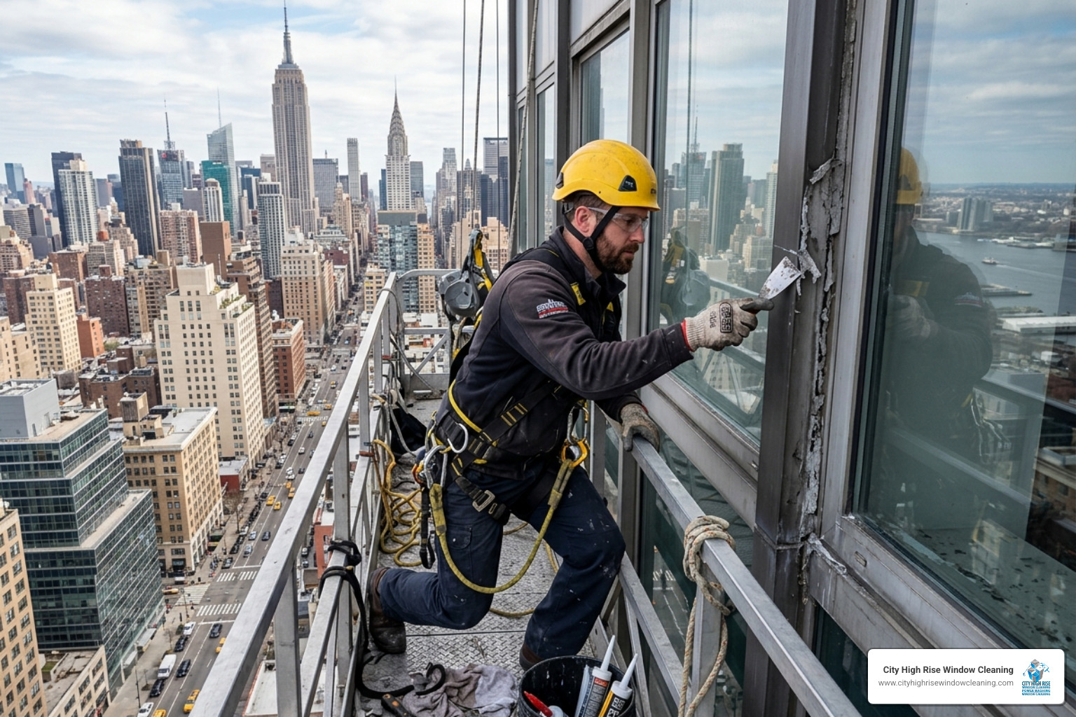 worker using a scraper to remove old brittle sealant from a window joint - door and window caulking worker using a scraper to remove old brittle sealant from a window joint - door and window caulking