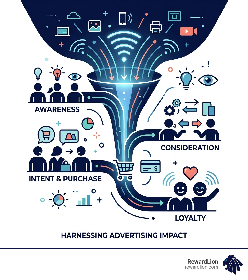 advertising influence funnel from awareness to purchase loyalty with key stages labeled - the power of ads infographic 