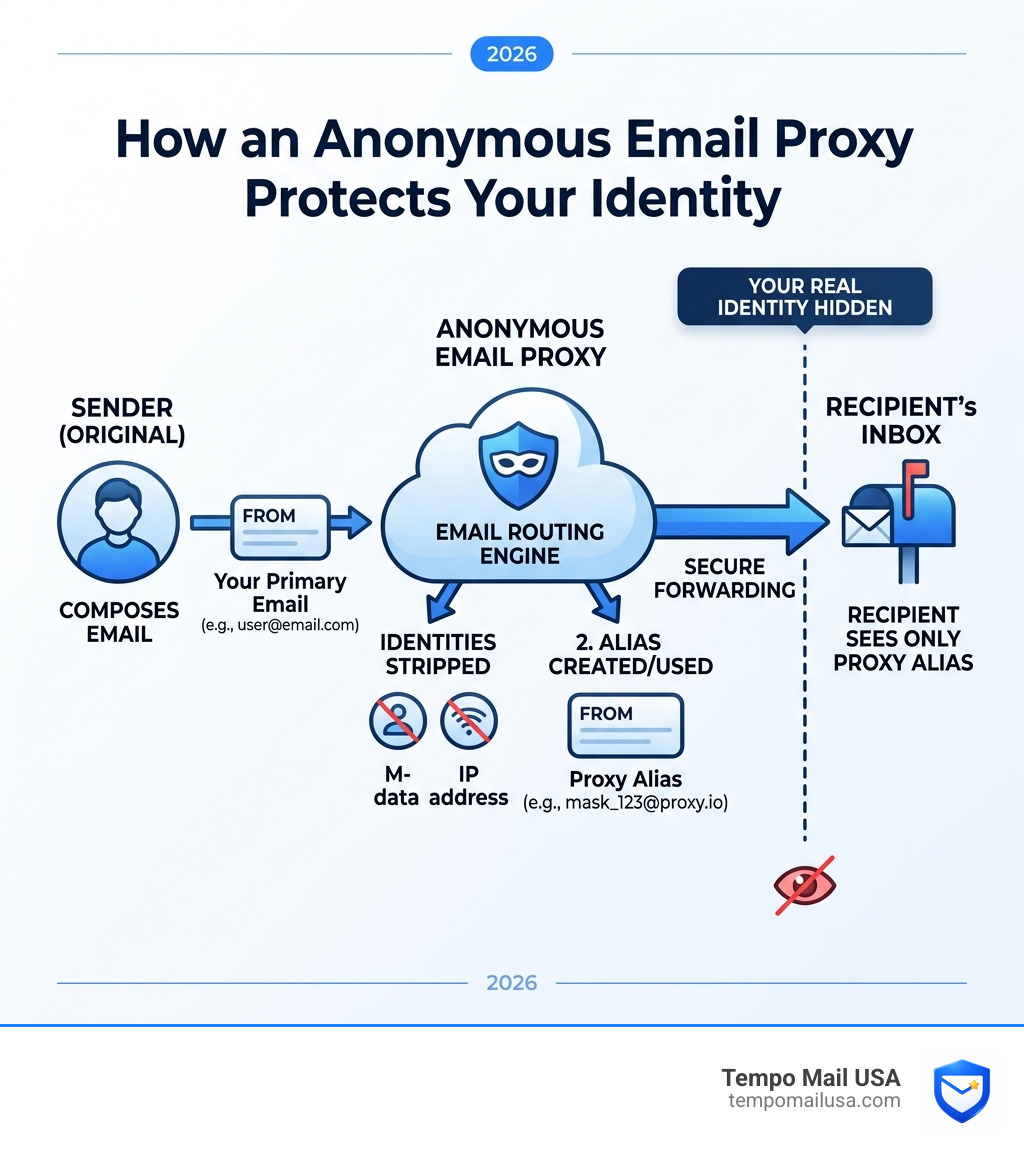 Flow diagram showing how an anonymous email proxy routes messages from sender to recipient, hiding real identity - anonymous