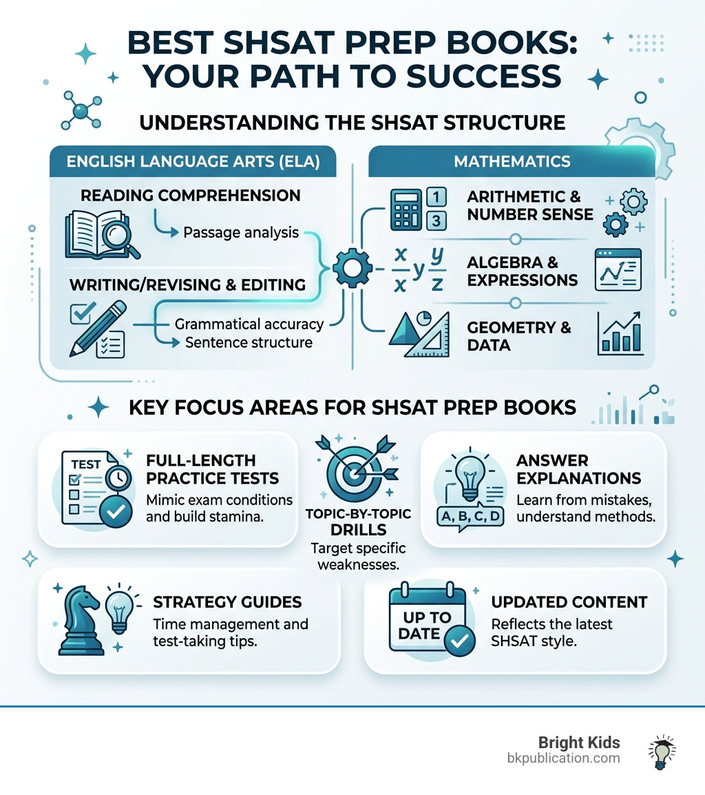 Infographic showing SHSAT exam structure, sections, and top prep book comparison by practice tests and focus areas - Best