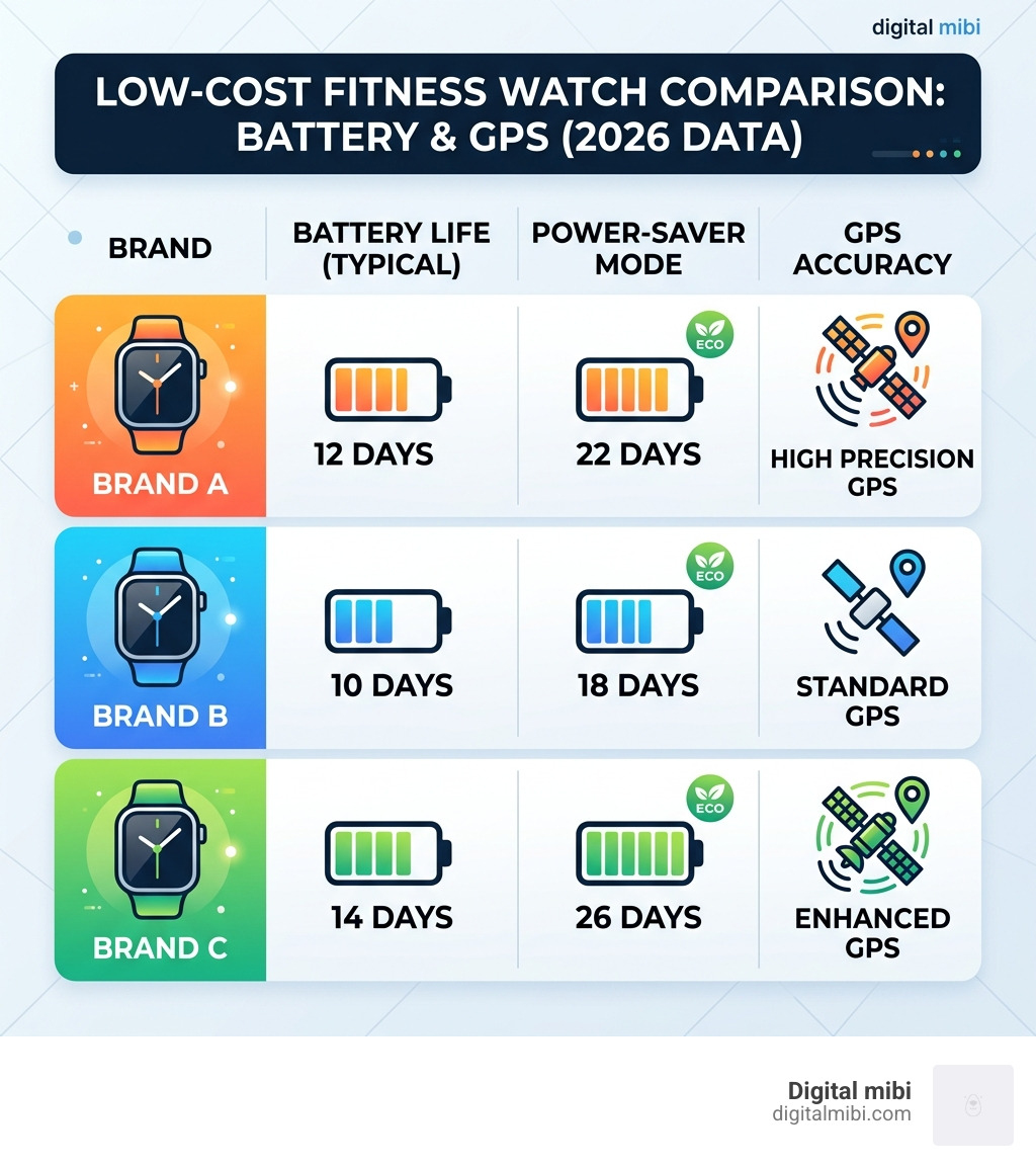 Table comparing battery life and GPS across budget brands - best low cost fitness watch infographic 