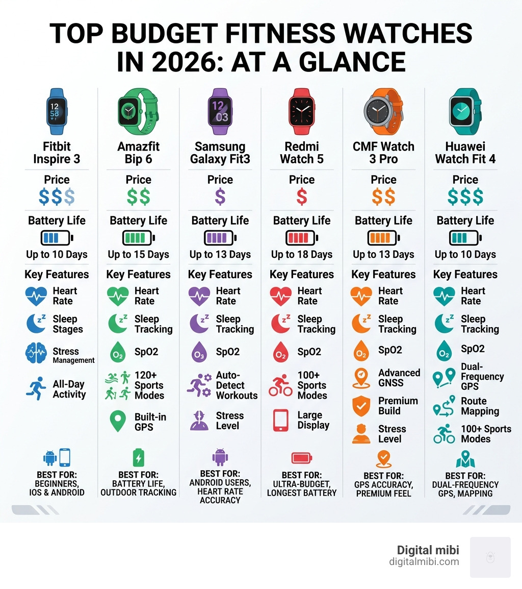 Comparison infographic of top budget fitness watches showing price, battery life, and key features - best low cost fitness
