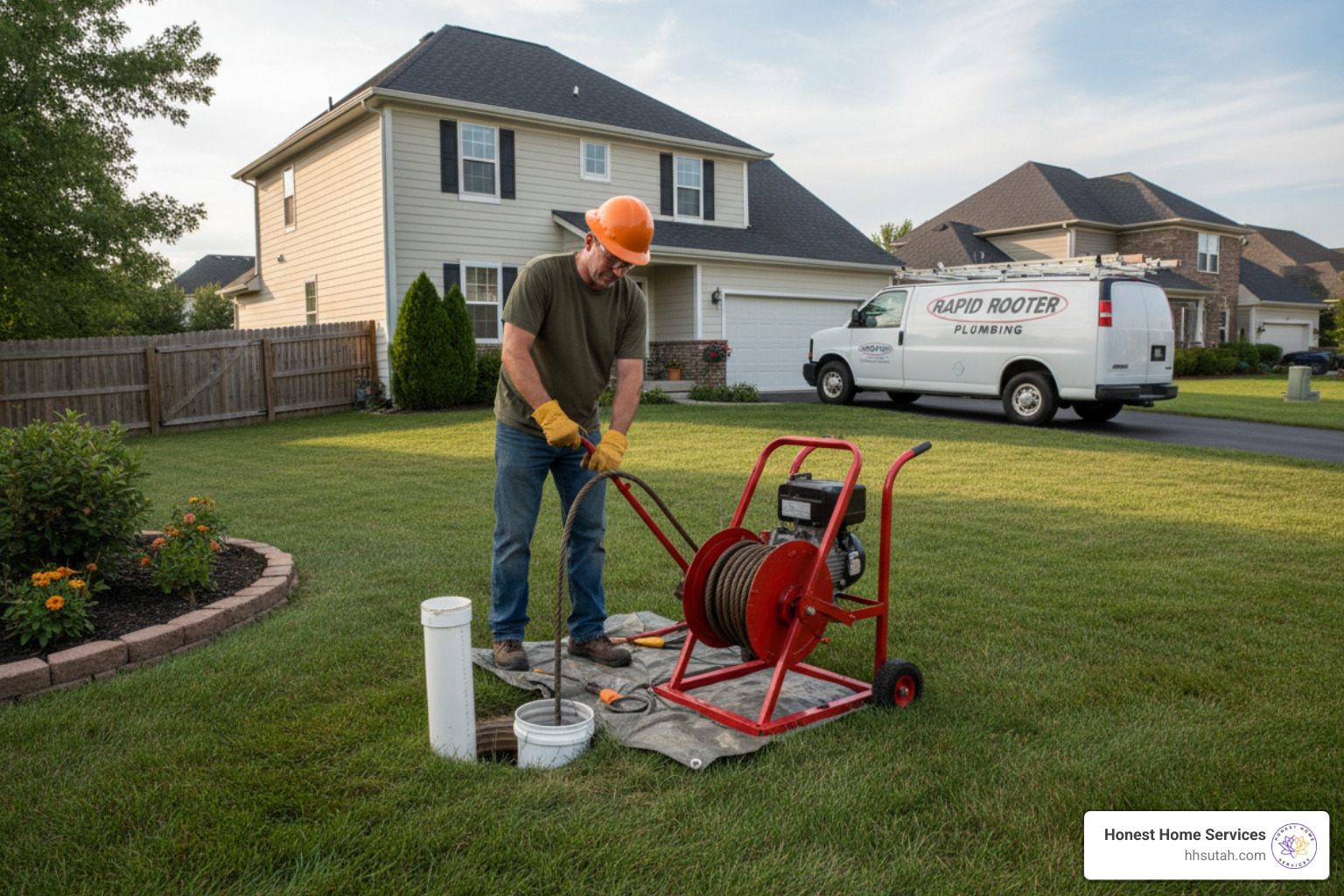 Homeowner using a motorized drain auger to clear a main sewer line - septic main line clogged Homeowner using a motorized drain auger to clear a main sewer line - septic main line clogged