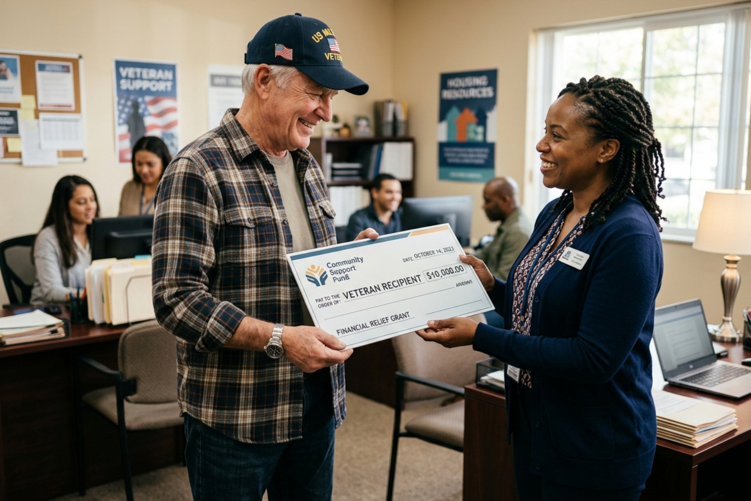 veteran receiving a grant check for financial relief - veteran help with bills