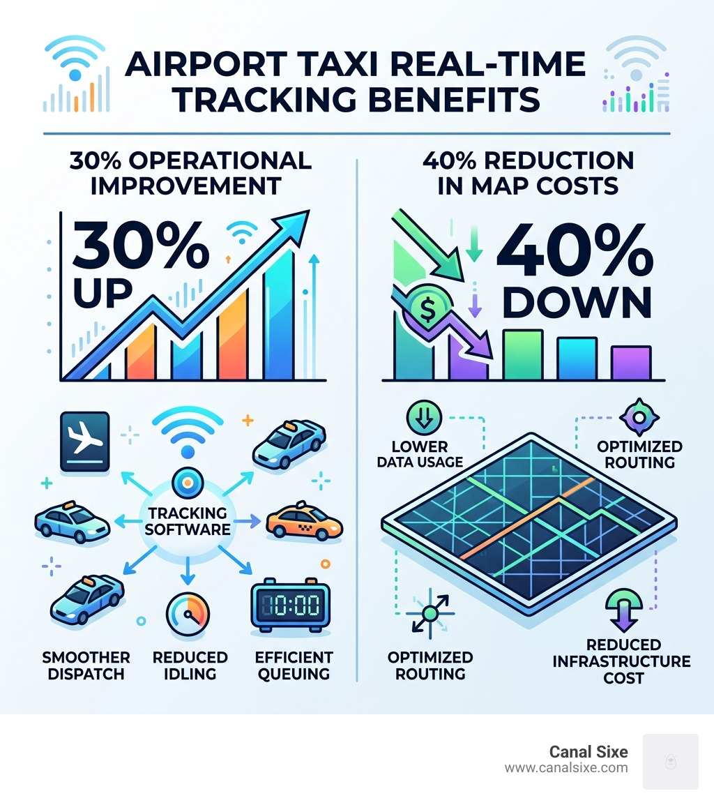 infographic showing 30% operational improvement and 40% reduction in map costs via tracking software - airport taxi real