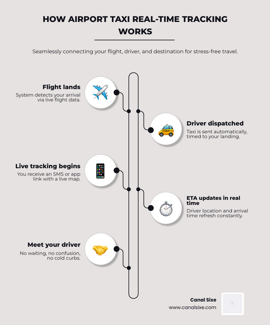 infographic showing real-time data flow between flight systems, taxi dispatch, and passenger tracking app - airport taxi