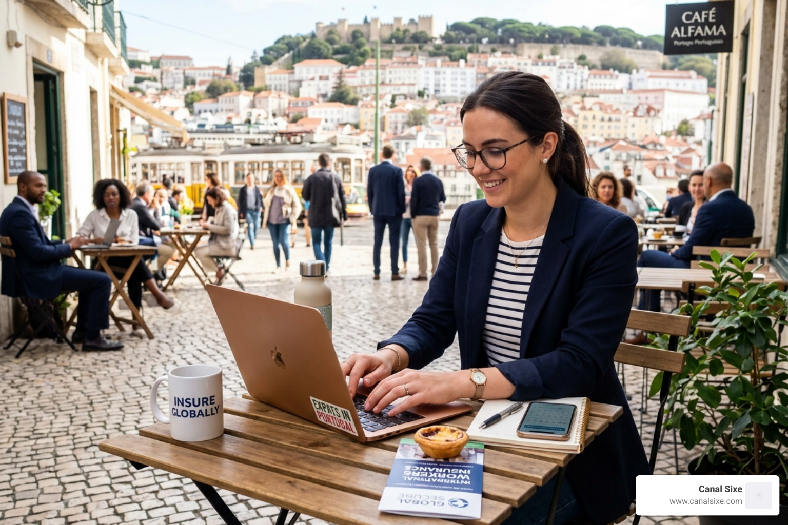 A professional checking their digital insurance card on a smartphone while traveling - insurance for working abroad