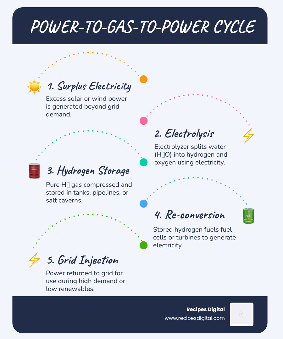 Power-to-Gas-to-Power cycle infographic: solar/wind → electrolyzer → hydrogen storage → fuel cell → grid - hydrogen battery
