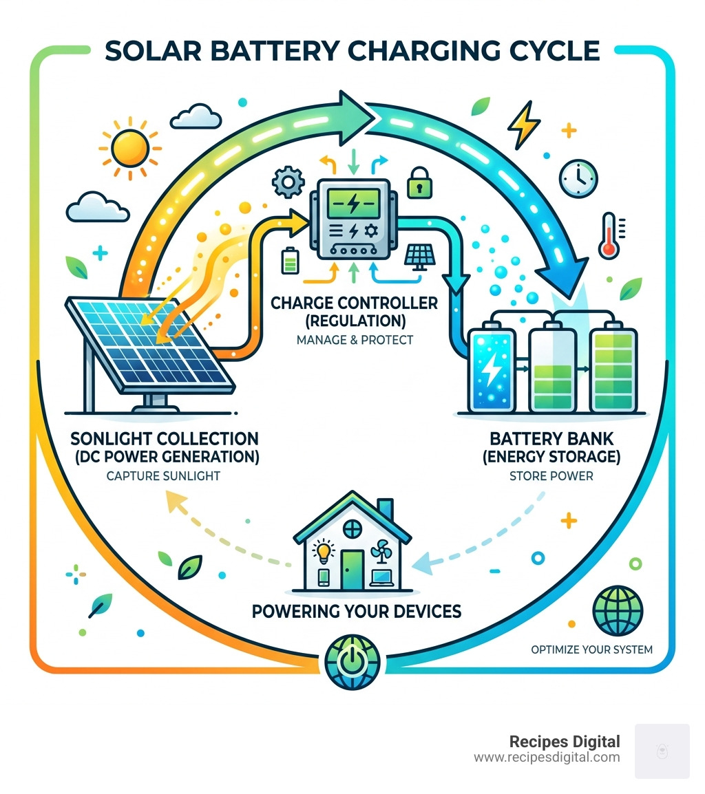Solar charging cycle from solar panel through charge controller to battery bank - solar battery charging calculator