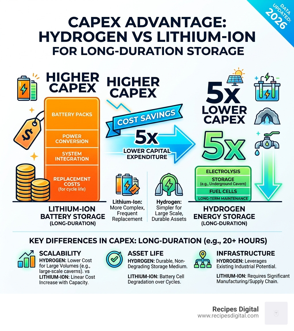 infographic showing 5x lower CapEx for hydrogen vs lithium-ion for long-duration storage - hydrogen battery storage