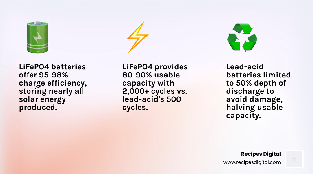 Infographic comparing usable capacity and cycle life of Lithium vs Lead-Acid batteries - solar battery charging calculator