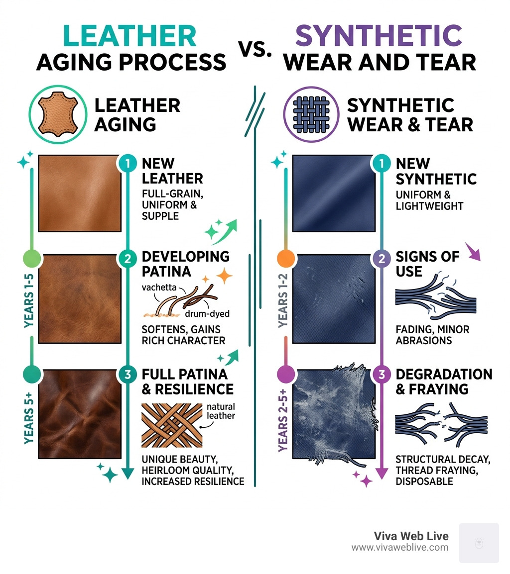 Infographic showing leather aging process vs. synthetic wear and tear - ladies leather travel wallet infographic 