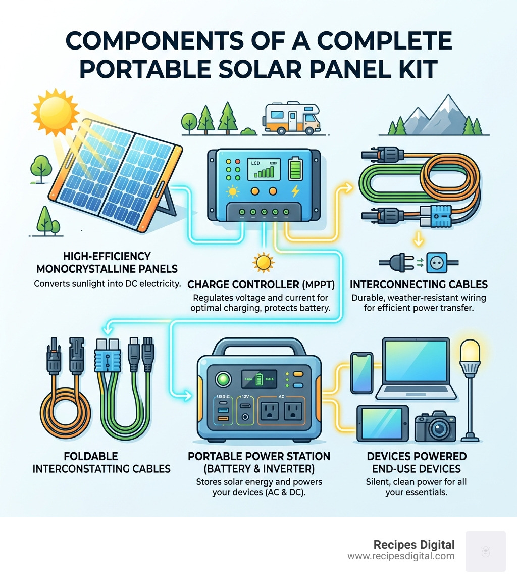 components of a complete portable solar panel kit diagram - portable solar panel kits infographic 