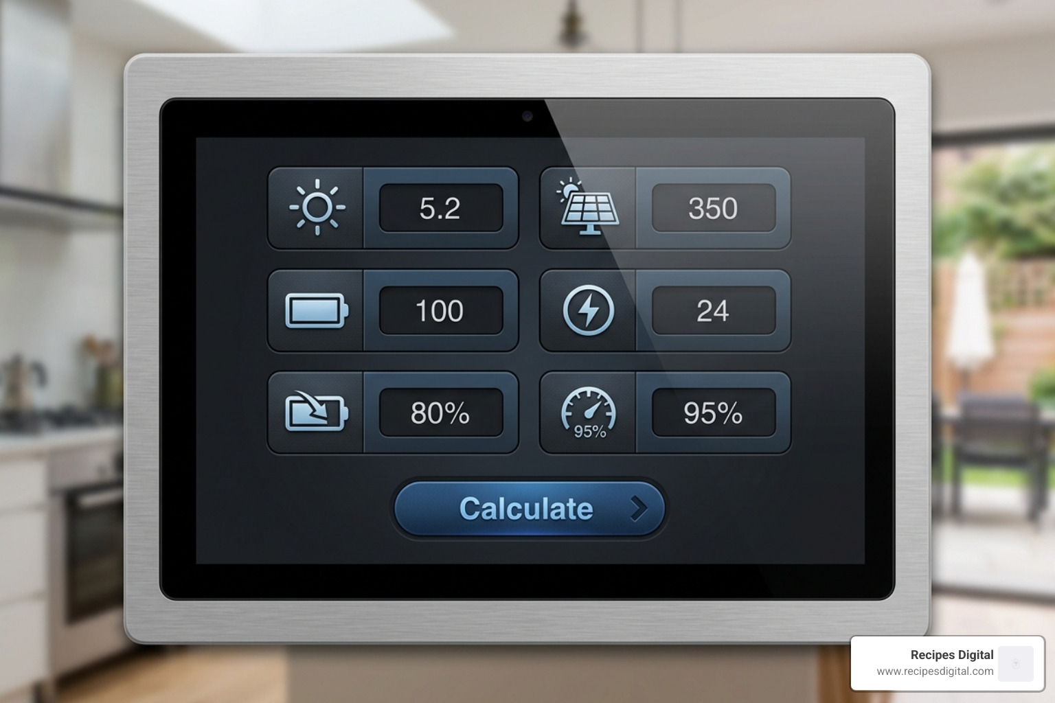 Digital interface showing solar battery calculation inputs - solar battery charging calculator