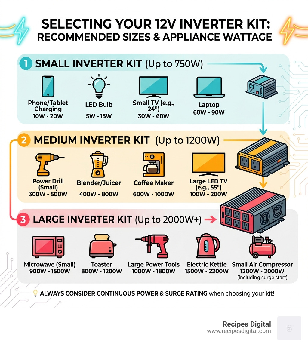 Infographic showing common appliance wattages and recommended inverter sizes - 12 volt inverter kit infographic 