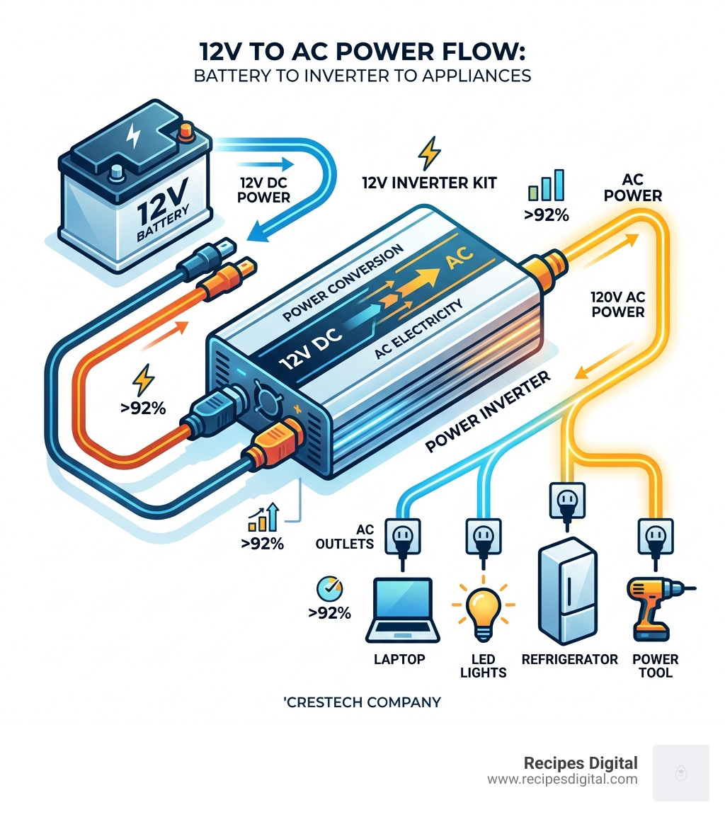 12V to AC power flow infographic showing battery to inverter to appliances - 12 volt inverter kit infographic 