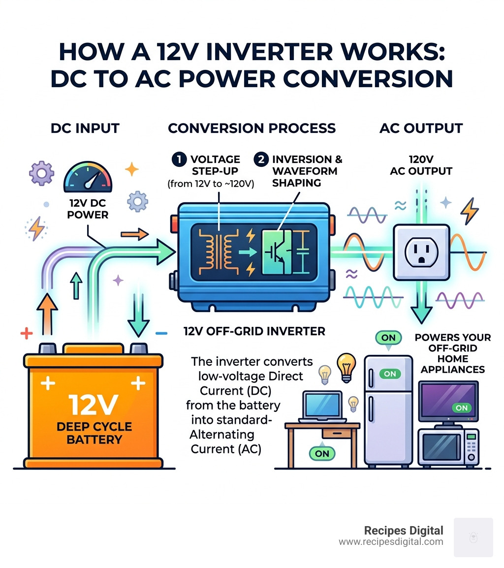 Infographic showing how a 12V inverter converts battery DC power to AC power for home appliances - 12v off grid inverter
