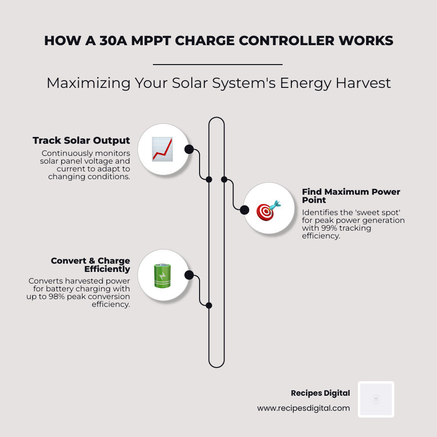 Energy flow from solar panels through MPPT controller to battery bank infographic - 30a mppt charge controller infographic
