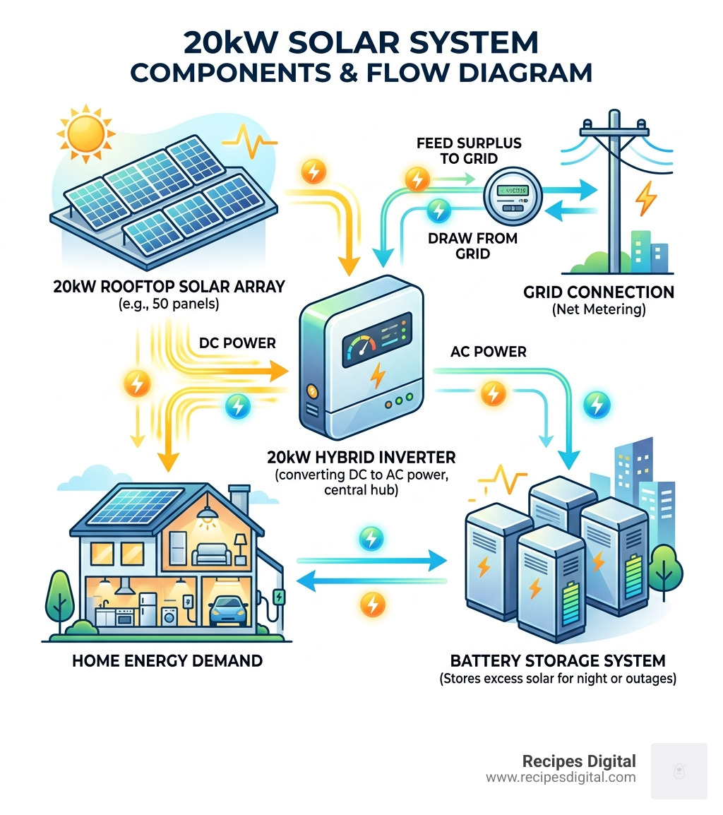 20kW solar system components diagram showing panels, inverter, battery, and grid connection flow - 20kw solar system