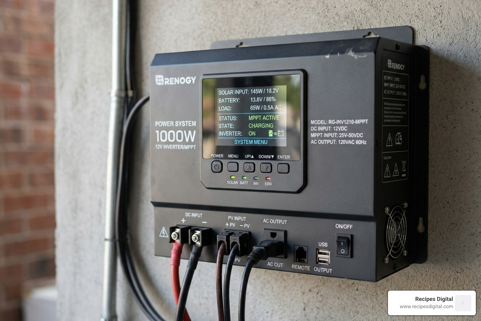 Image of a 12V off-grid inverter featuring a built-in MPPT controller and a clear LCD touchscreen display - 12v off grid