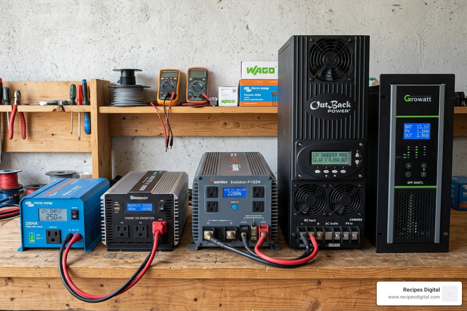 Image showcasing various inverter form factors, from compact mobile units to large rack-mount hybrid models - 12v off grid