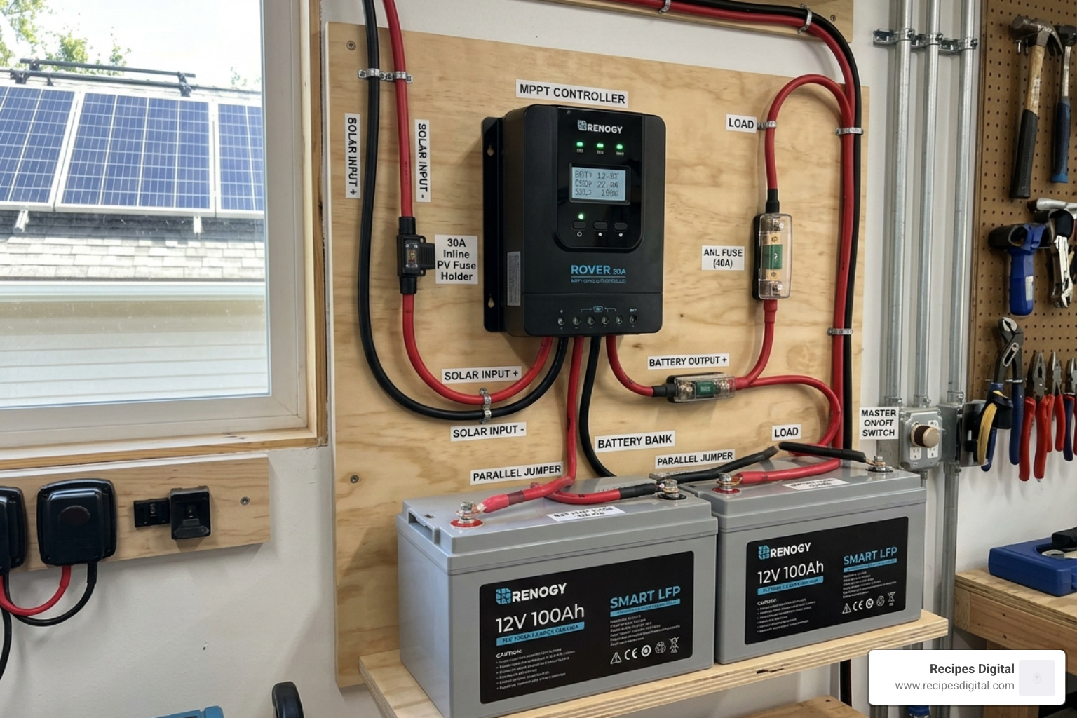 Wiring diagram for a 30A solar system including fuse placement and battery connections - 30a mppt charge controller