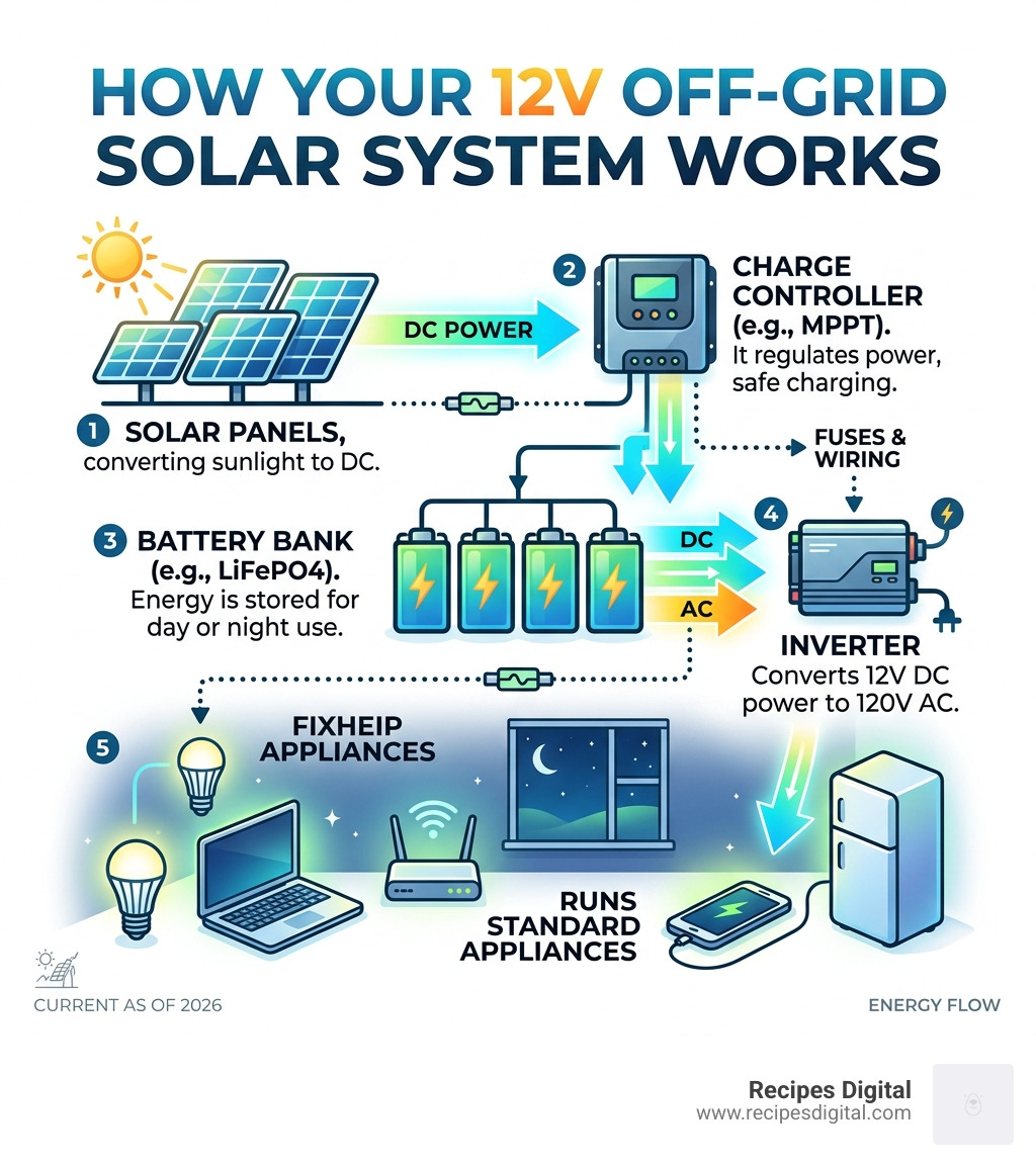 Infographic showing energy flow from solar panels through charge controller, battery bank, and inverter to household