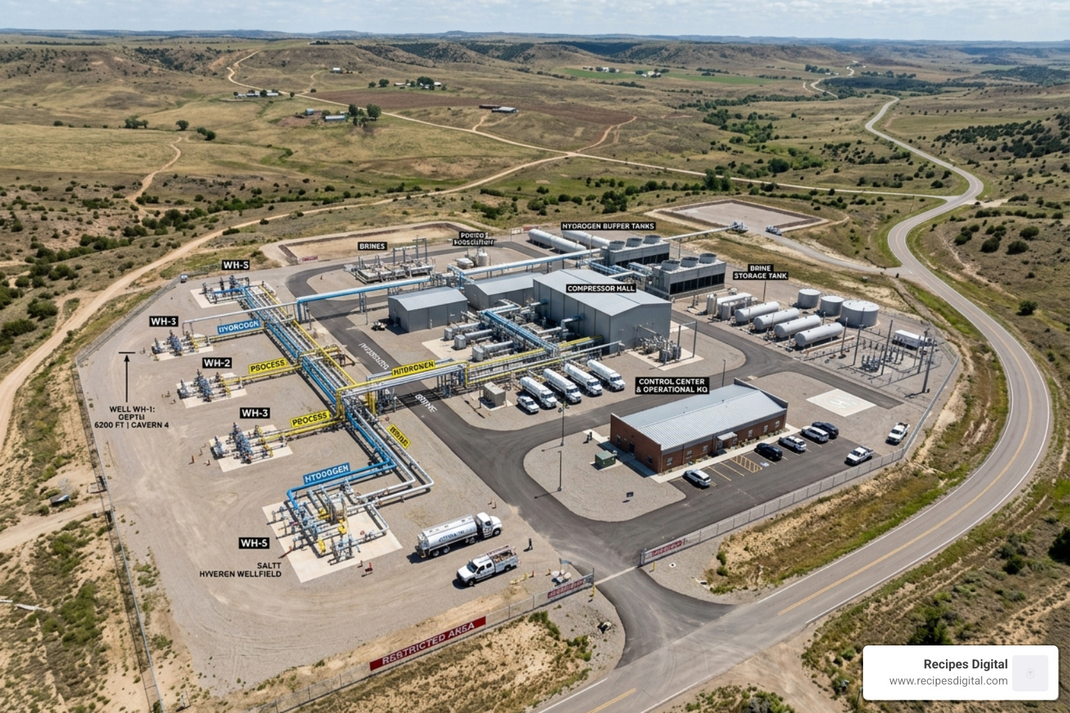 Aerial view of an underground salt cavern storage facility with surface pipes and compressors - hydrogen battery storage