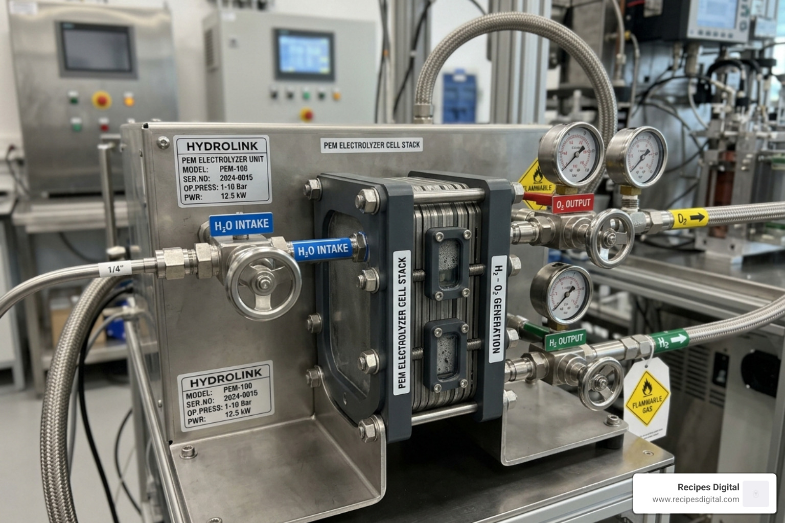 close-up of a modern PEM electrolyzer unit showing water intake and gas output valves - hydrogen battery storage
