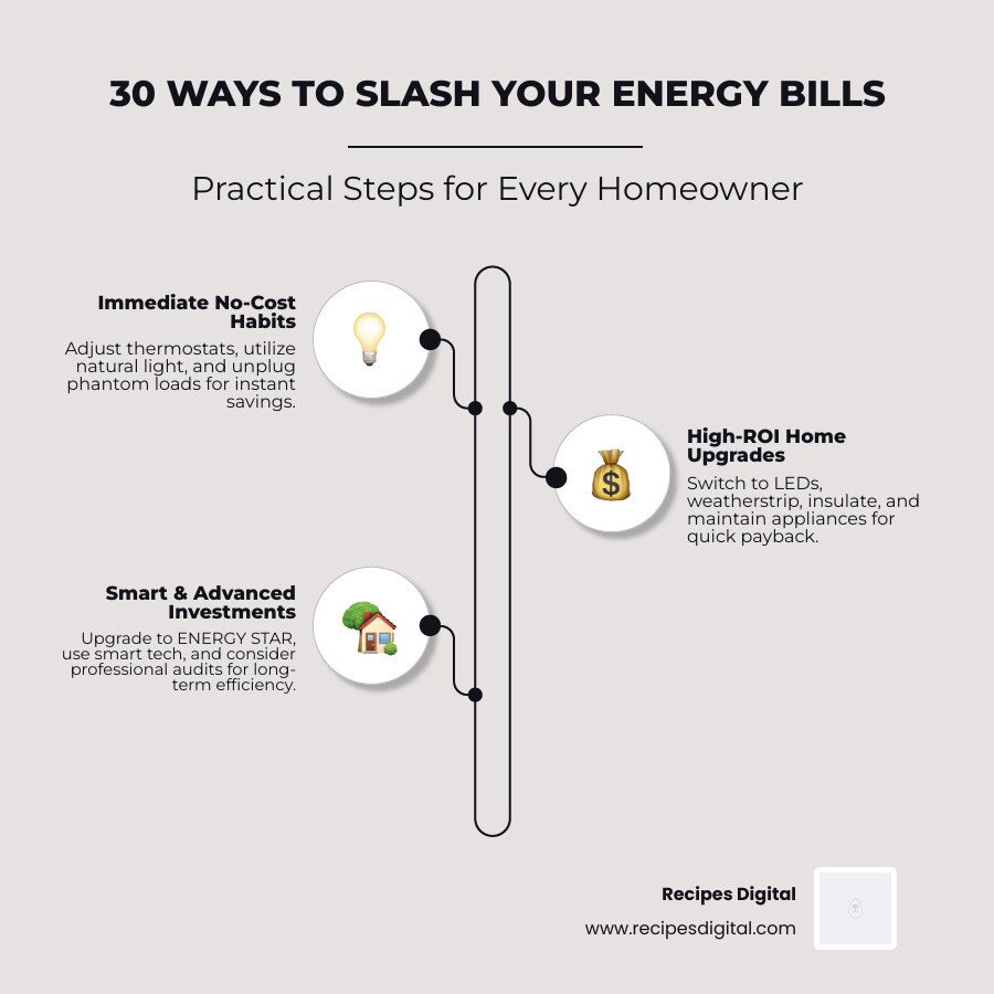 Infographic showing 30 energy saving tips categorized by no-cost habits low-cost upgrades and smart investments - 30 ways to