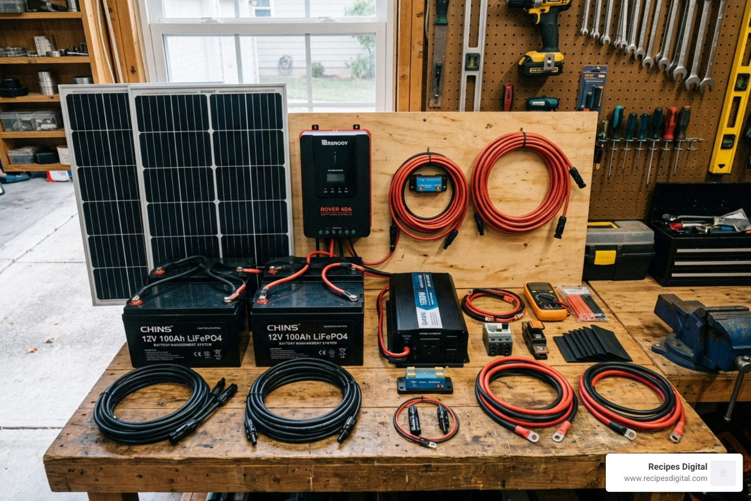 Essential solar components like panels, controllers, and batteries laid out on a workbench - 12v off grid solar system