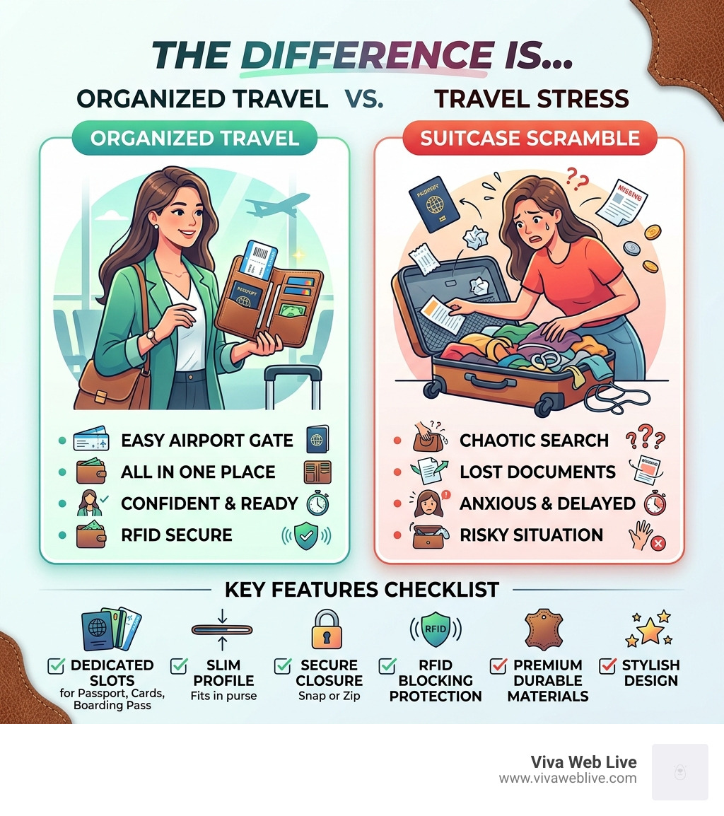 Infographic comparing organized leather travel wallet vs. suitcase scramble with key features checklist - ladies leather