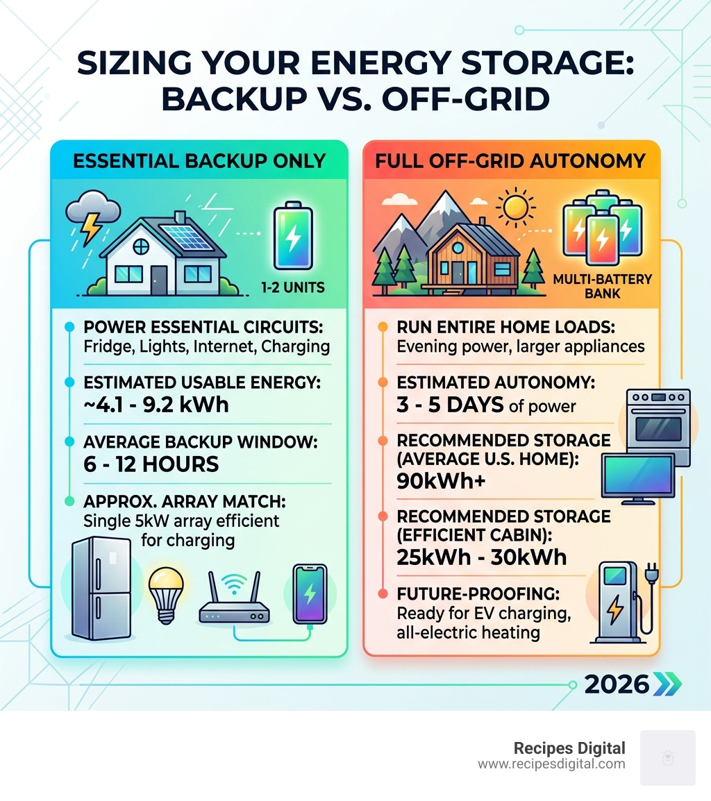 Table comparing backup storage vs full off-grid autonomy needs - 5kw solar battery infographic 