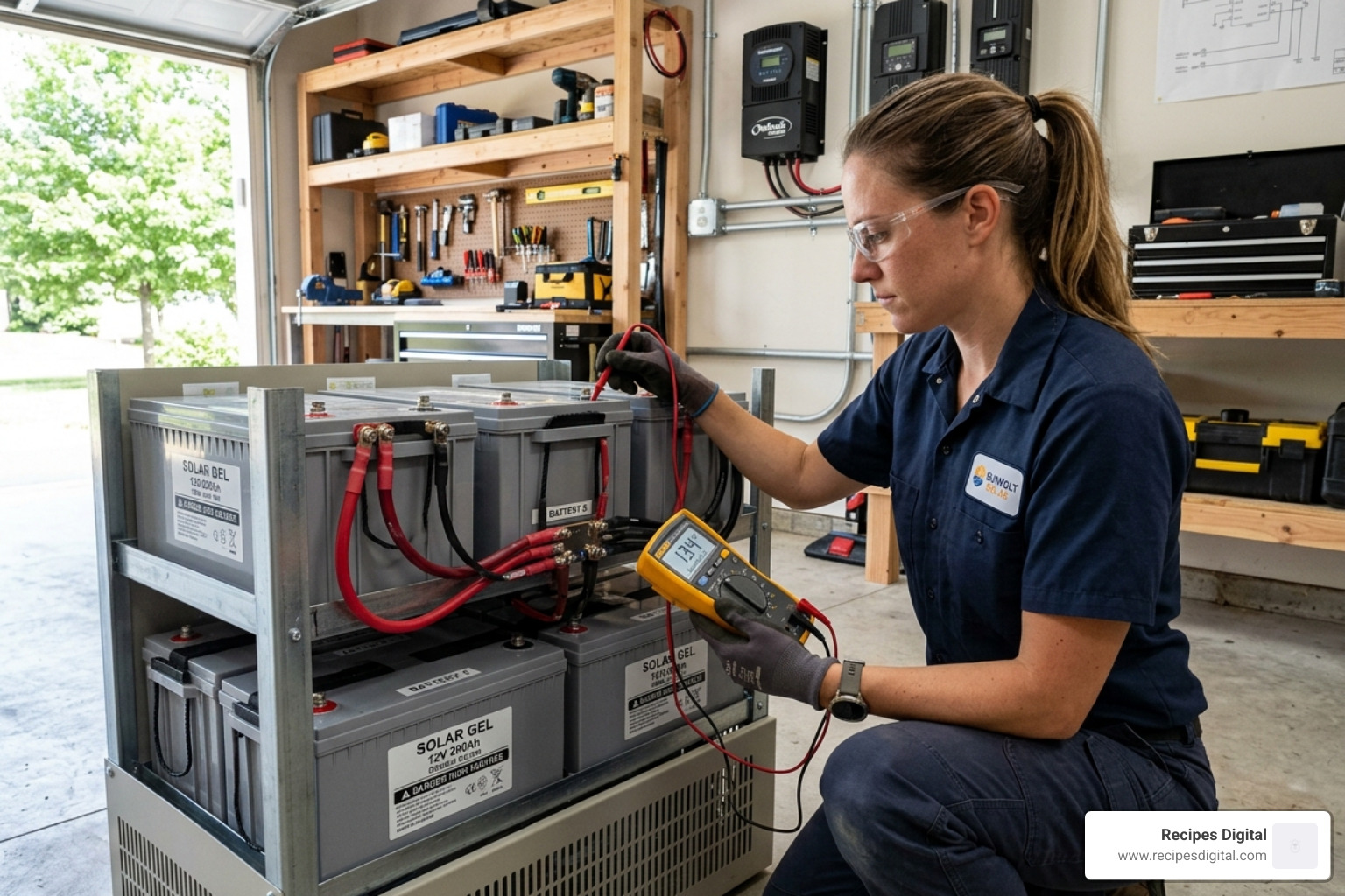 Technician using a multimeter to measure solar battery voltage - solar battery charging calculator