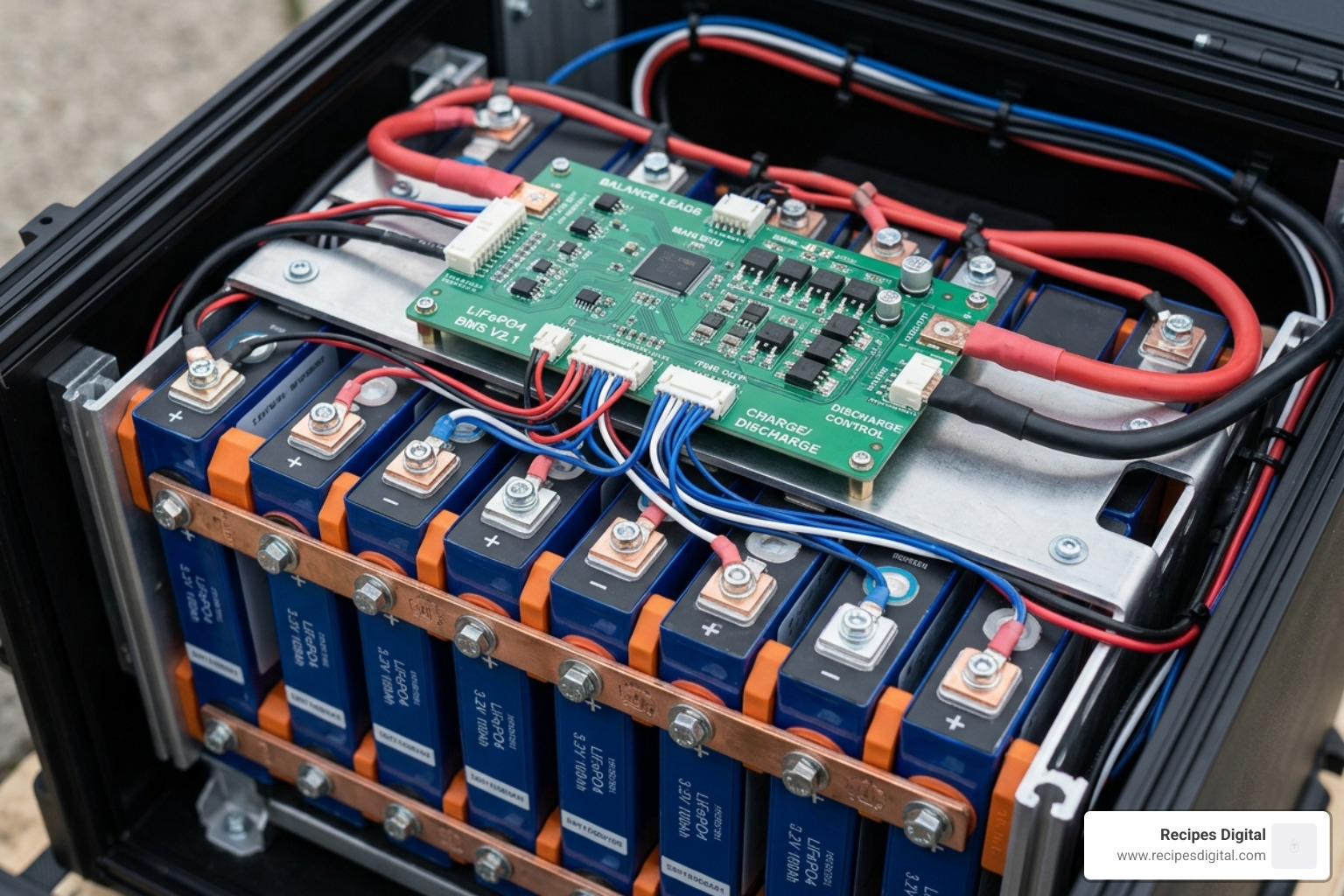 LiFePO4 battery internal structure showing cells and BMS - 5kw solar battery