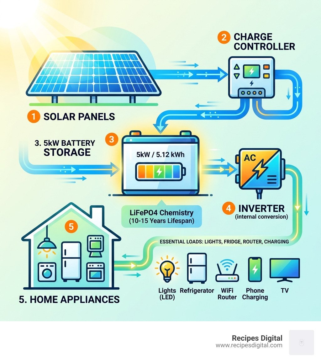 Infographic showing energy flow from solar panels through charge controller to 5kW battery storage to home appliances - 5kw