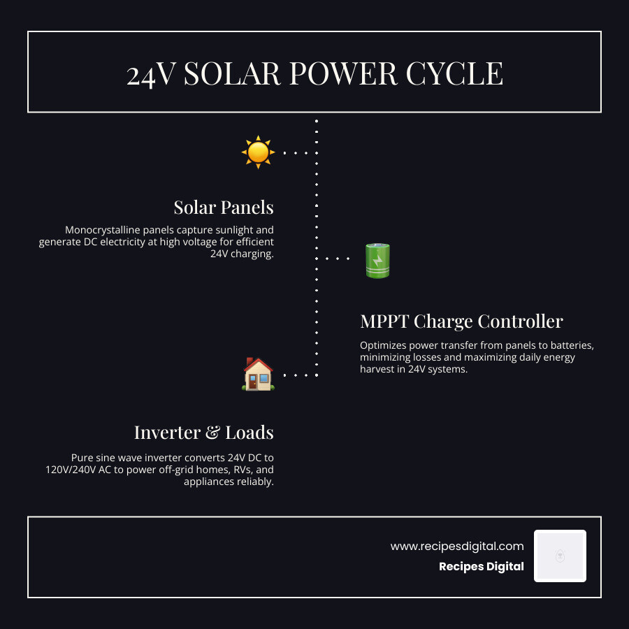 Infographic showing the complete workflow of a 24V solar power cycle from panels to battery to inverter to home - 24 volt