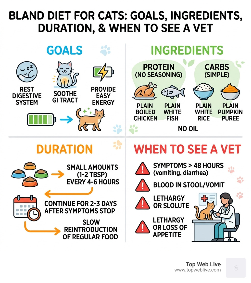 Bland diet for cats: goals, ingredients, duration, and when to see a vet infographic - bland diet for cats infographic 