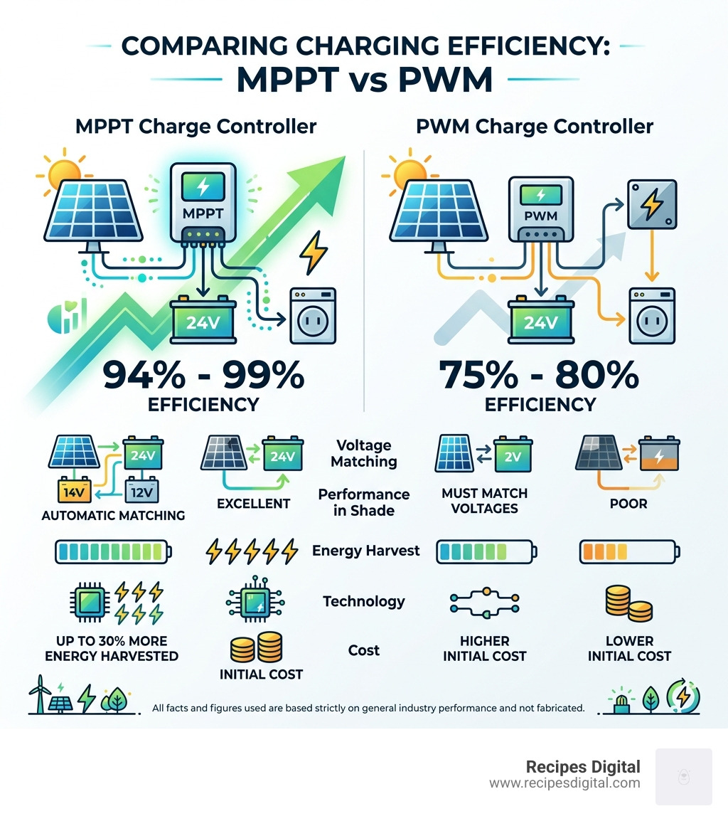 Infographic comparing MPPT vs PWM charging efficiency in solar systems - 24 volt solar system kit infographic 
