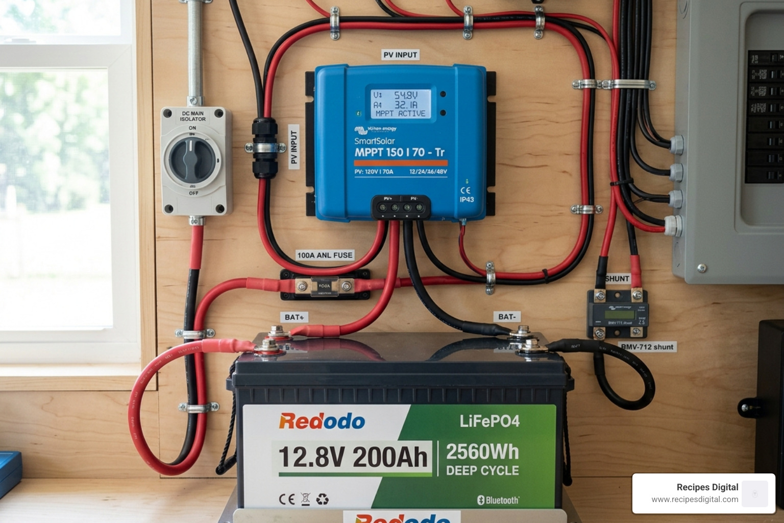 Close up of a high-efficiency MPPT charge controller and LiFePO4 battery setup - 24 volt solar system kit