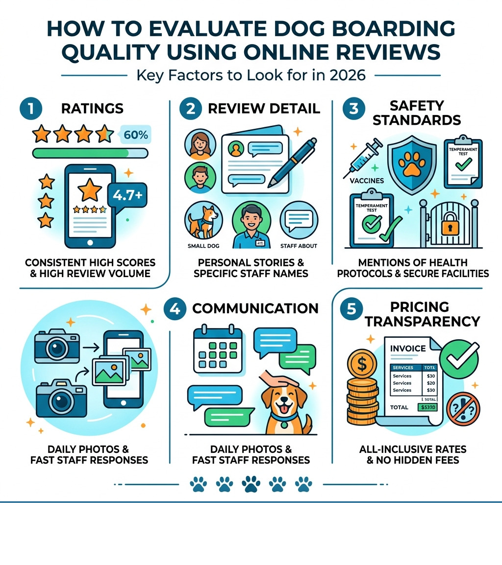 Infographic: How to evaluate dog boarding quality using online reviews — key factors including ratings, review detail Infographic: How to evaluate dog boarding quality using online reviews — key factors including ratings, review detail