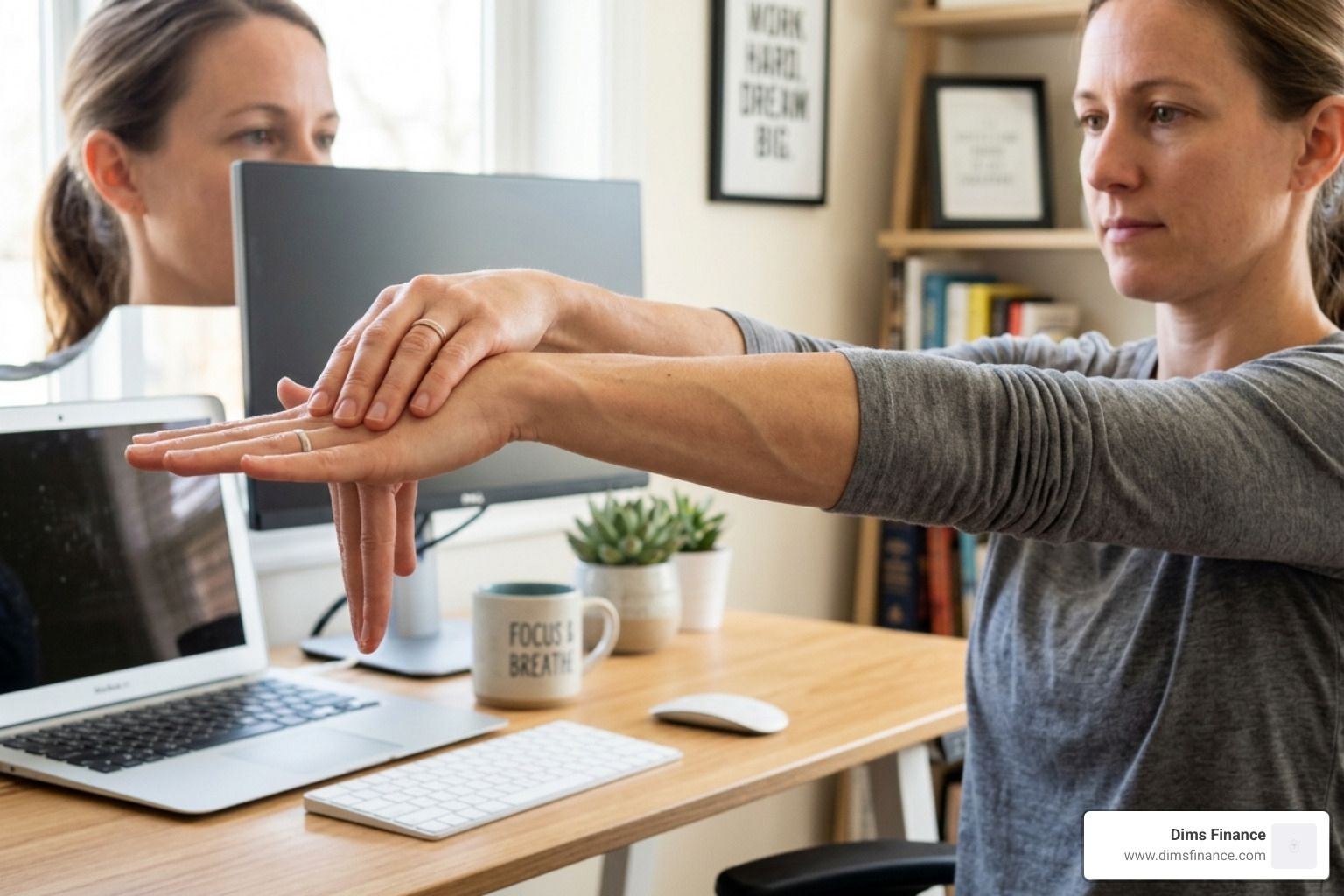Person using their left hand to gently press down on the back of their right hand for a PROM stretch - wrist extensor stretch