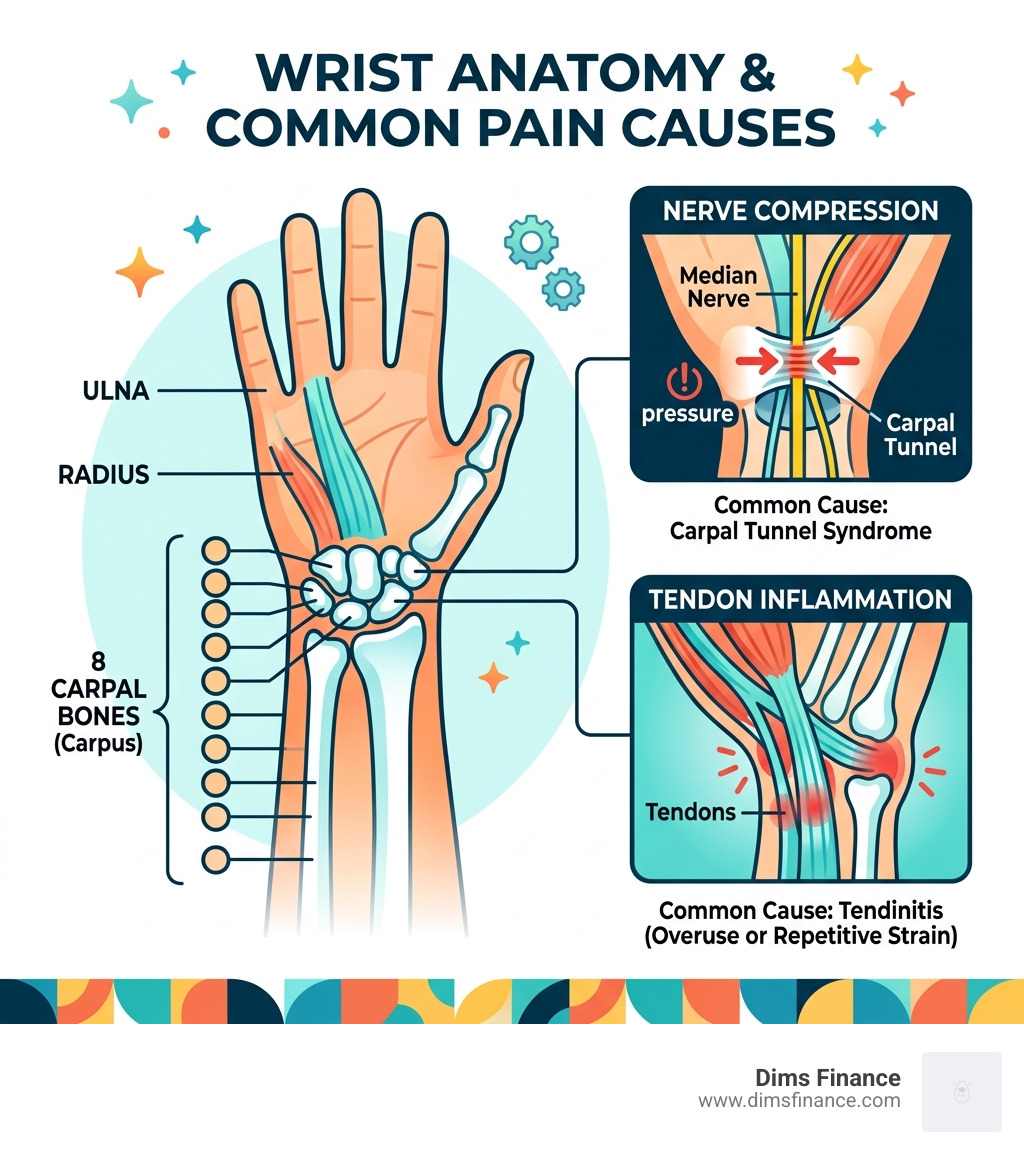 Infographic explaining wrist anatomy, carpal bones, and common pain triggers like nerve compression and tendon inflammation