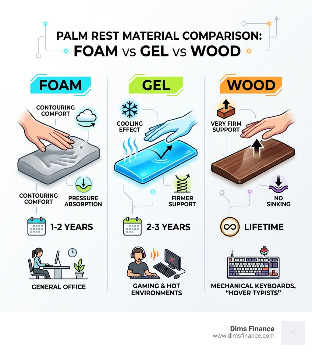 Infographic comparing different palm rest materials: foam vs gel vs wood - keyboard palm rest benefits infographic 