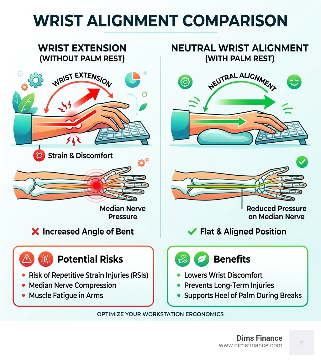 Infographic comparing wrist extension vs. neutral wrist alignment with and without a palm rest - keyboard palm rest benefits